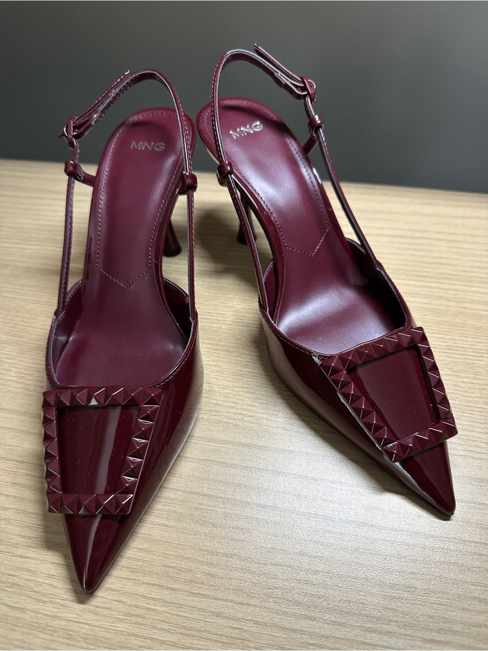 Mango Burgundy Pointed Slingback Heels with Studded Buckle